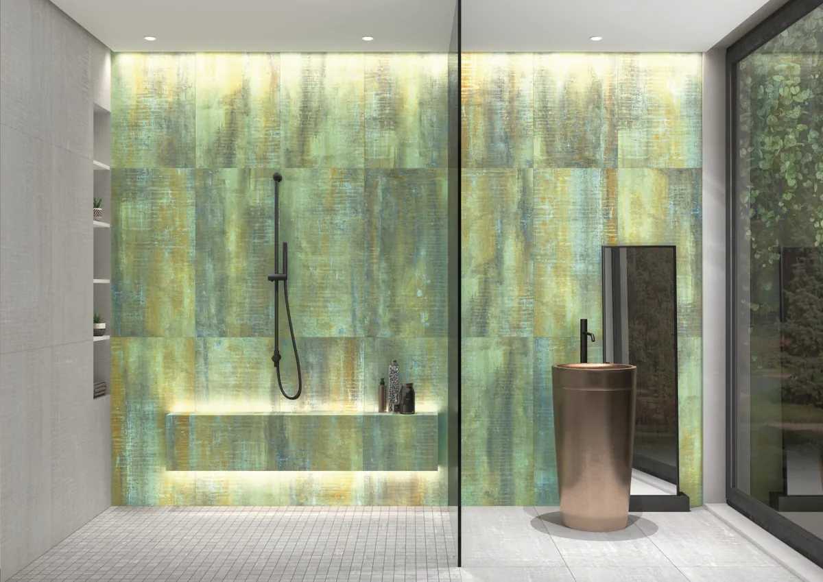 Gres Apavisa REGGIA efekt kamień - aranzacja w eleganckiej lazience