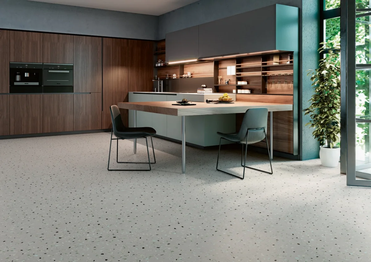 Gres Apavisa SOUTH efekt terrazzo - aranzacja w strefie dziennej z duzymi przeszkleniami