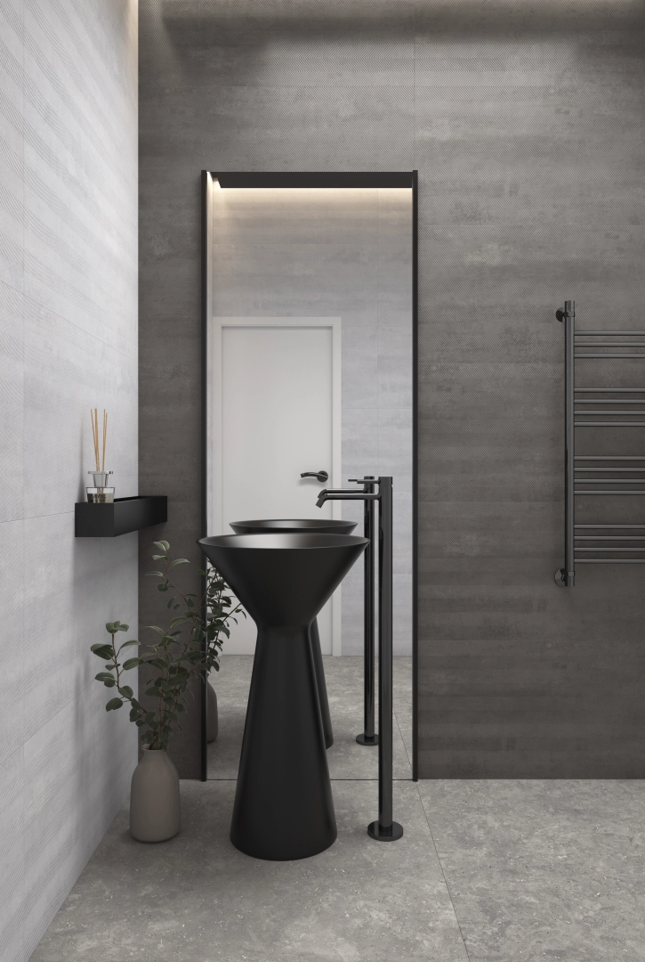Gres Apavisa CORTEN efekt beton - aranzacja w przestronnym holu
