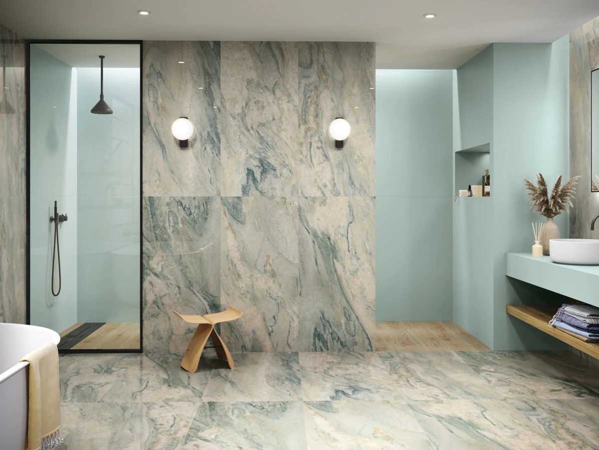 Gres Ape GAYA QUARTZITE efekt marmur - aranzacja w eleganckiej lazience