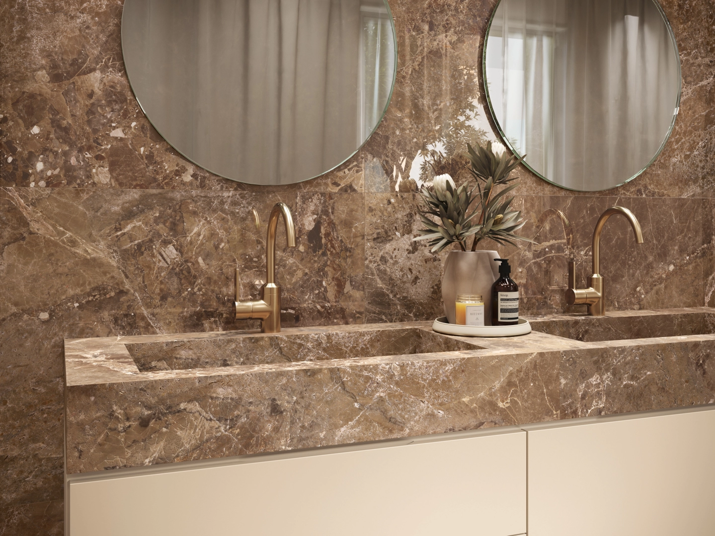 Gres Ape IMPERIAL BROWN efekt marmur - aranzacja w nowoczesnym salonie