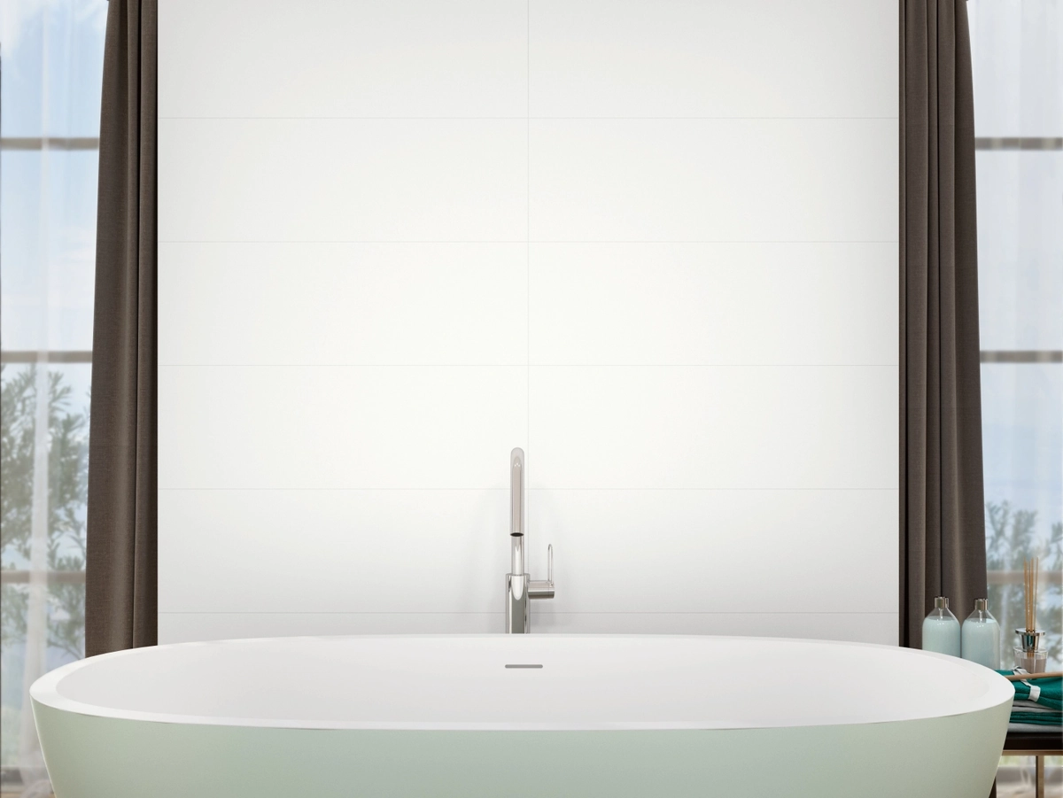 Gres Ape ALL WHITE efekt kolor - aranzacja w nowoczesnym salonie