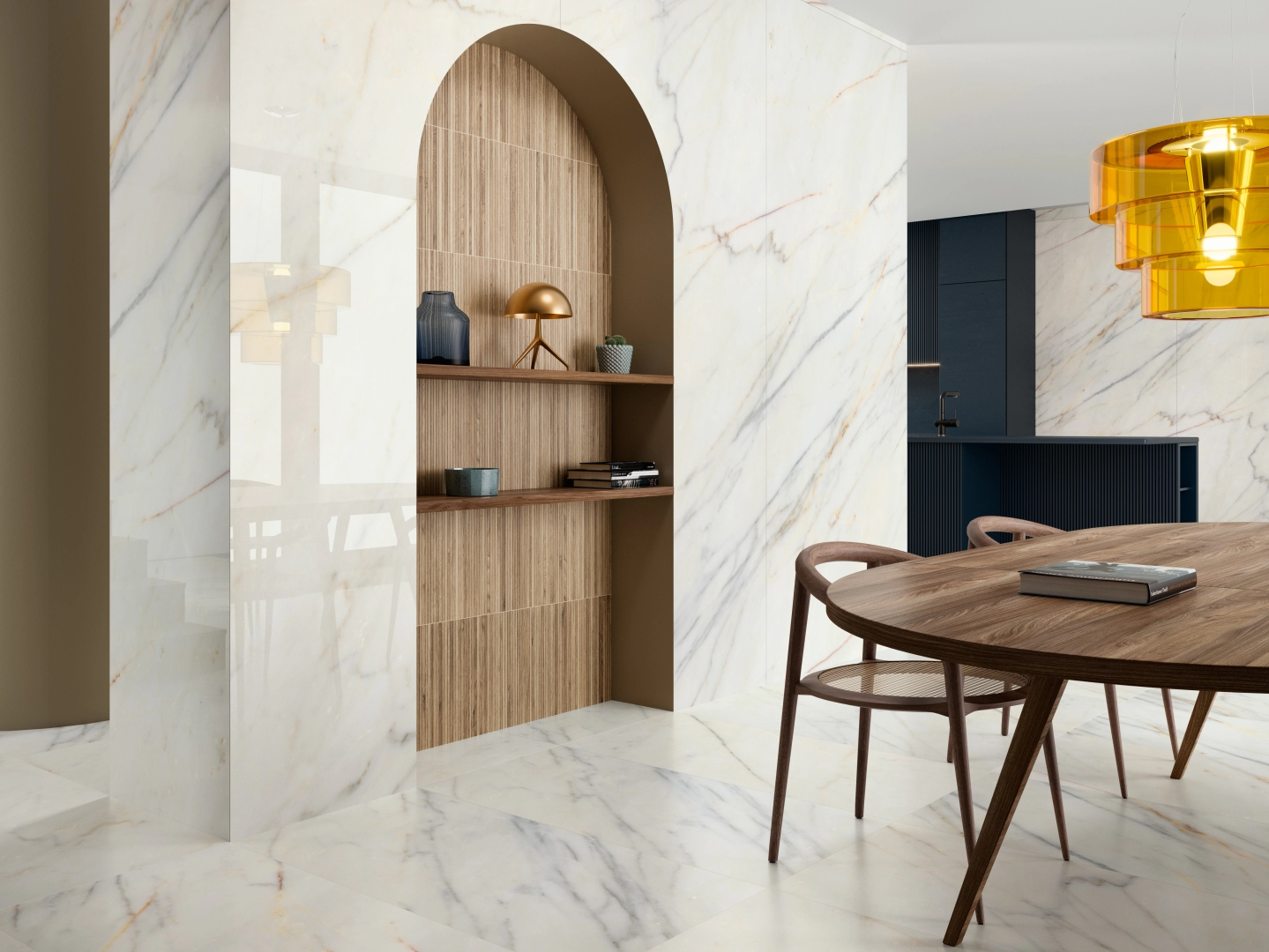 Gres Ape CALACATTA SLOW efekt marmur - aranzacja w korytarzu z naturalnym swiatlem