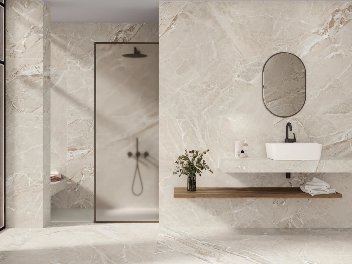 Gres Ape COLEMANITE STONE efekt kamień - aranzacja w eleganckiej lazience