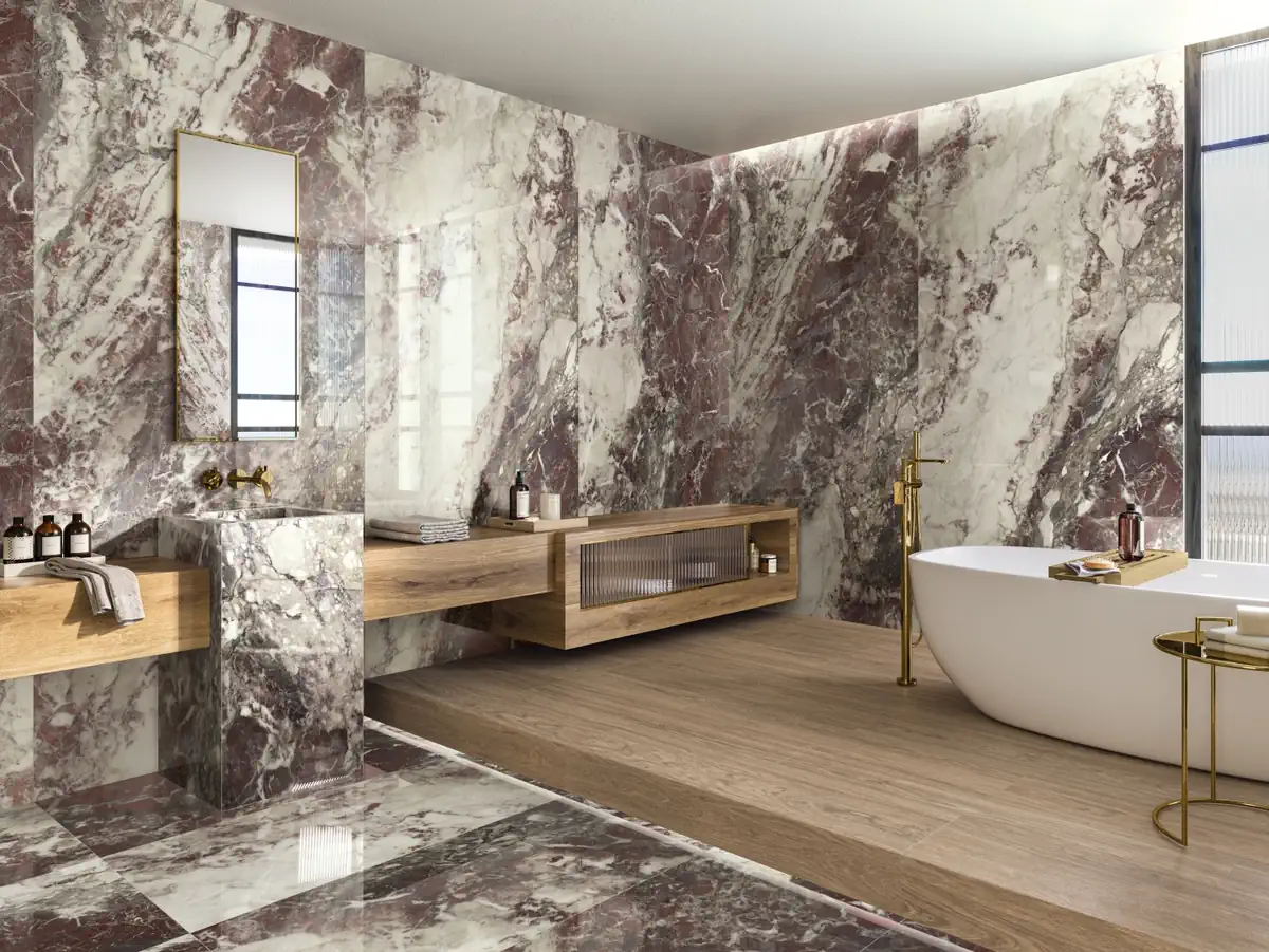Gres Ape BRECCIA efekt marmur - aranzacja w eleganckiej lazience
