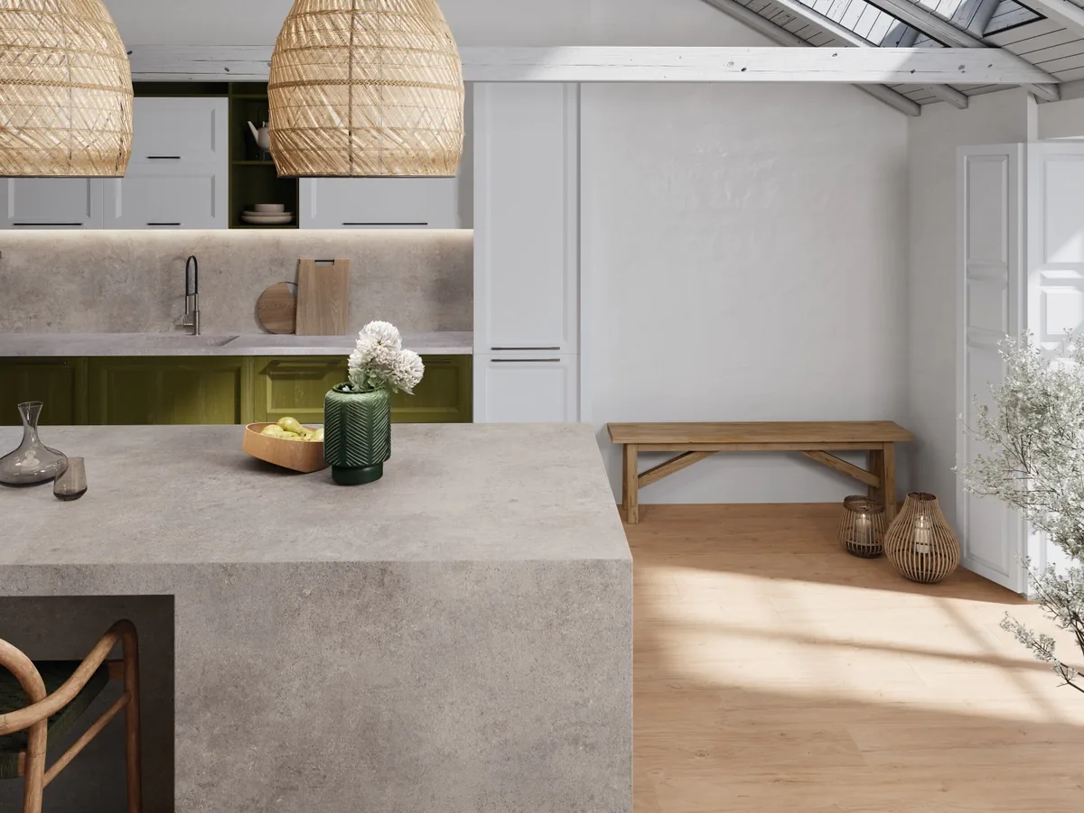 Gres Ape CONCRETO GREY efekt beton - aranzacja w nowoczesnym salonie