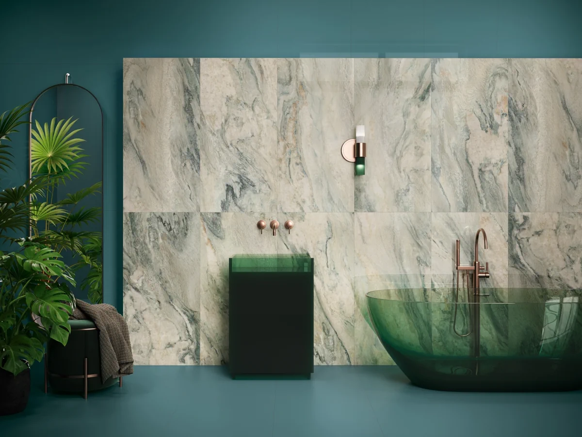 Gres Ape GAYA QUARTZITE efekt marmur - aranzacja w nowoczesnym salonie