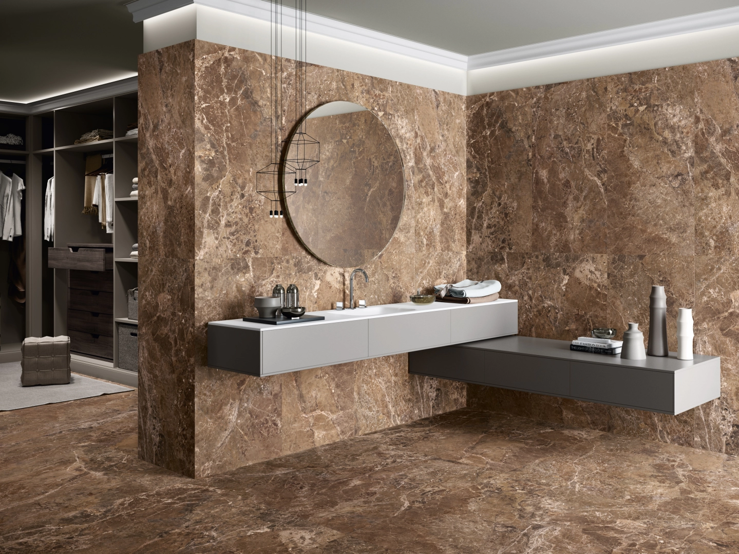 Gres Ape IMPERIAL BROWN efekt marmur - aranzacja w eleganckiej lazience