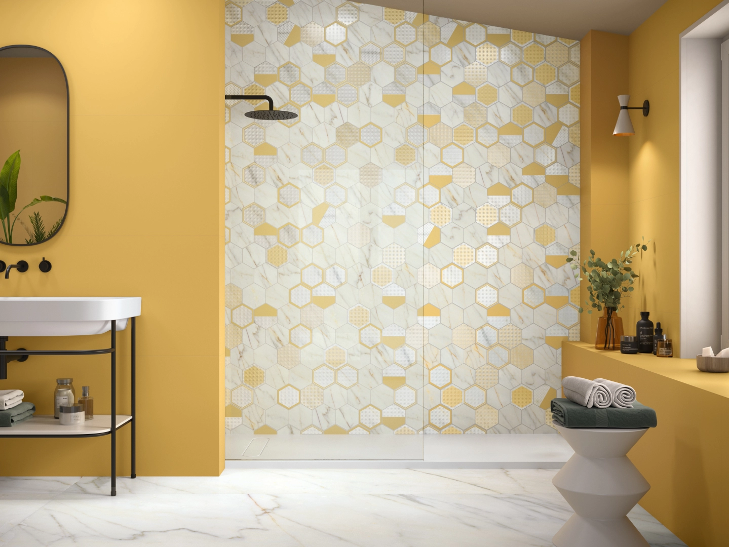 Gres Ape CALACATTA SLOW efekt marmur - aranzacja w przestronnym holu