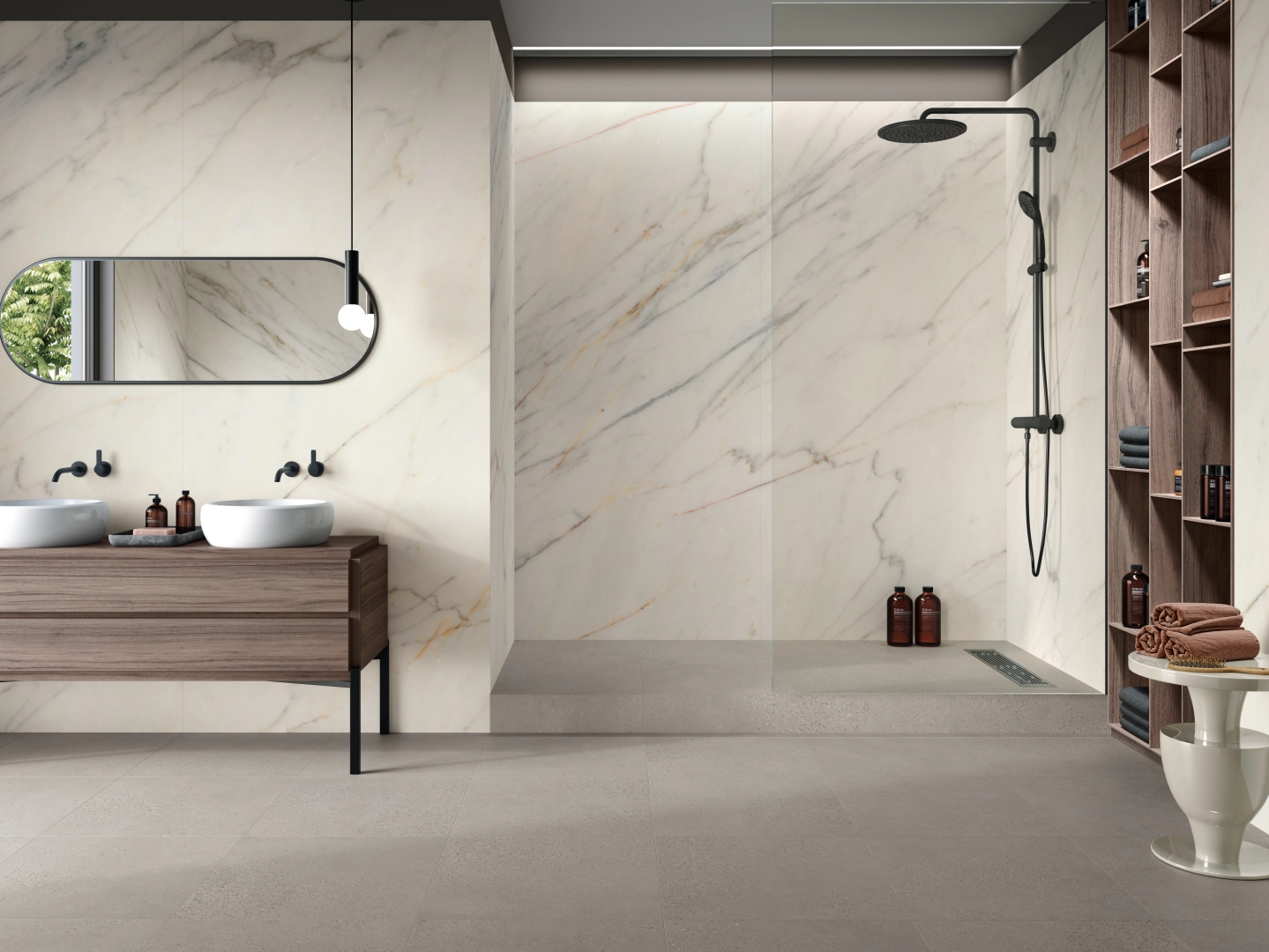 Gres Ape CALACATTA SLOW efekt marmur - aranzacja w przy kominku