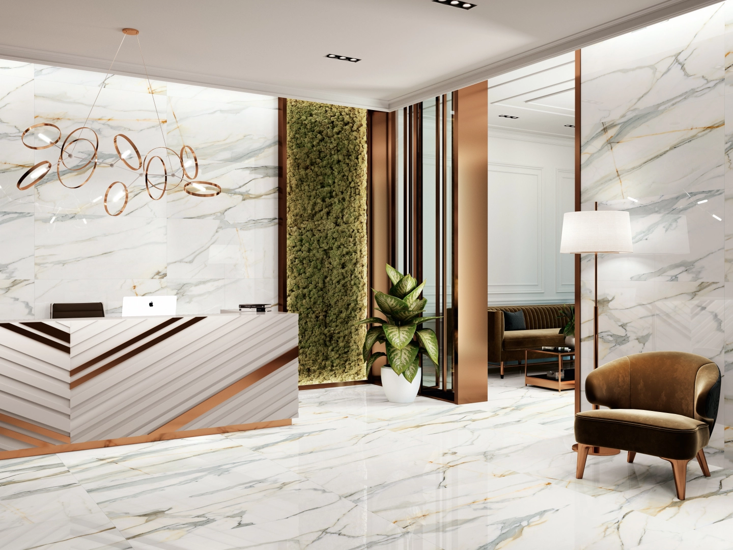 Gres Ape CALACATTA BORGHINI efekt marmur - aranzacja w nowoczesnym salonie
