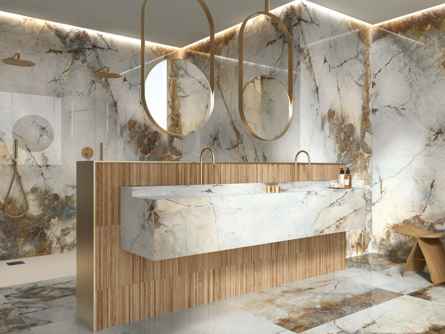 Gres Ape GOLD HARD efekt marmur - aranzacja w nowoczesnym salonie