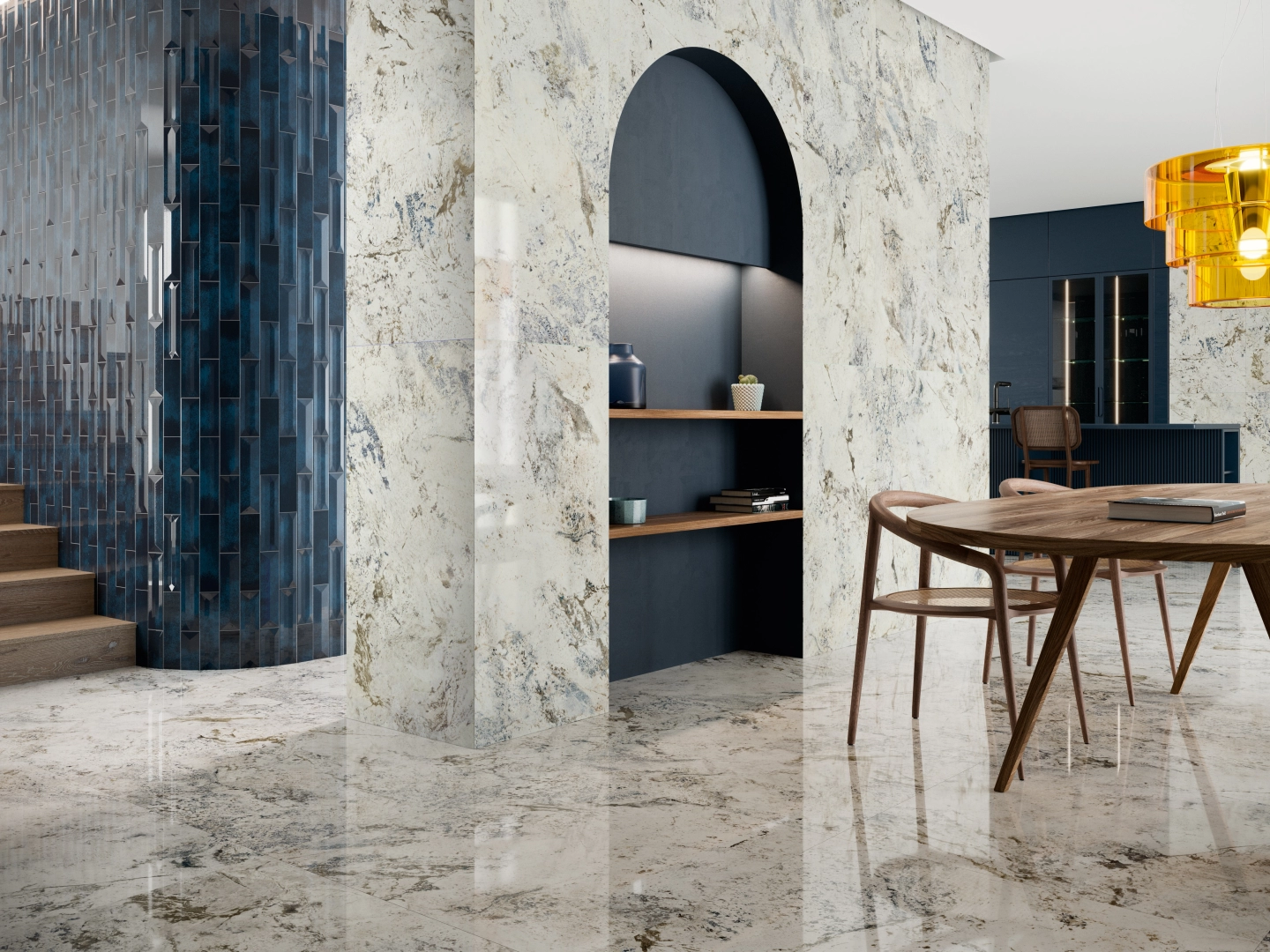 Gres Ape ALPEN QUARTZ efekt marmur - aranzacja w nowoczesnym salonie