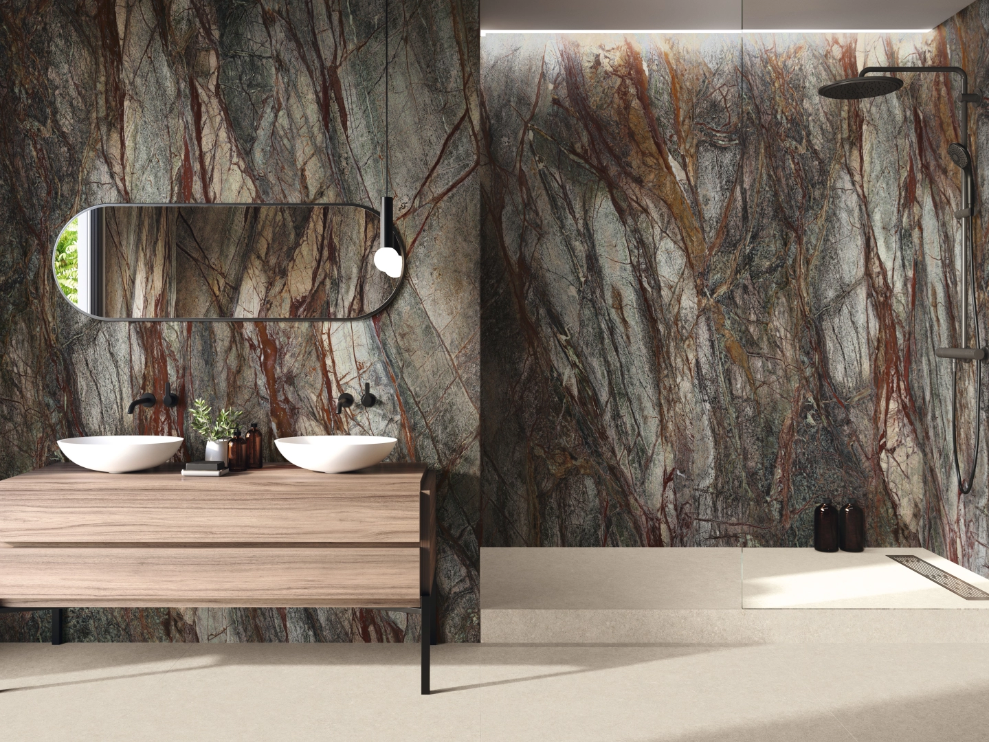 Gres Ape FOREST GREEN MARBLE efekt marmur - aranzacja w nowoczesnym salonie