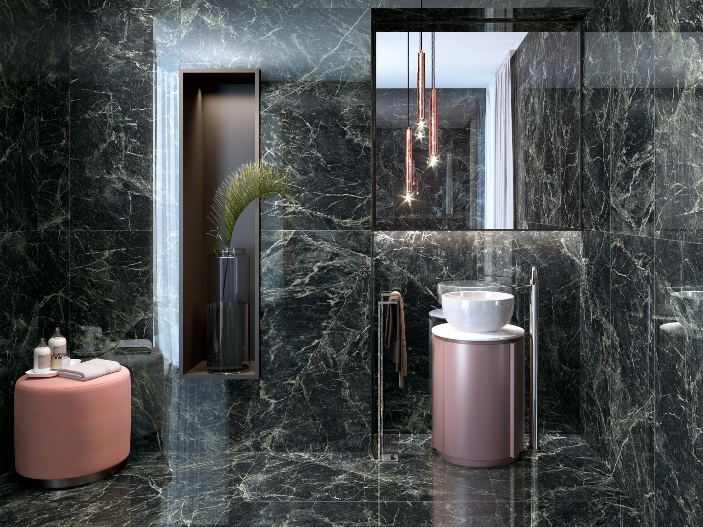 Gres Ape ALPI GREEN efekt marmur - aranzacja w eleganckiej lazience