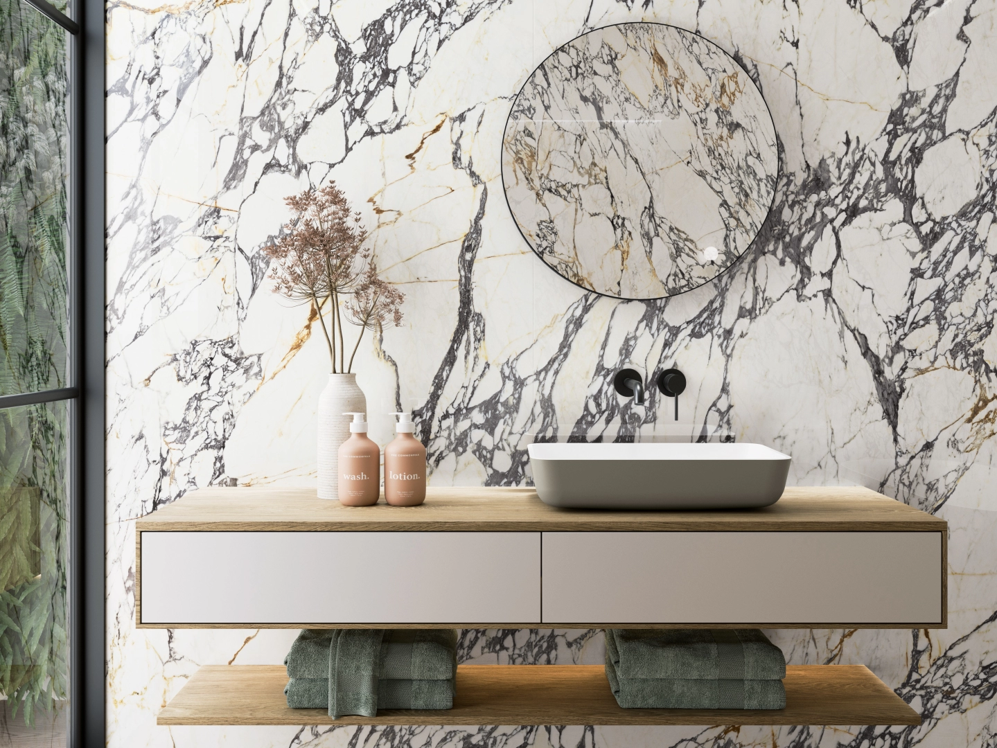 Gres Ape CALACATTA CORCHIA efekt marmur - aranzacja w eleganckiej lazience