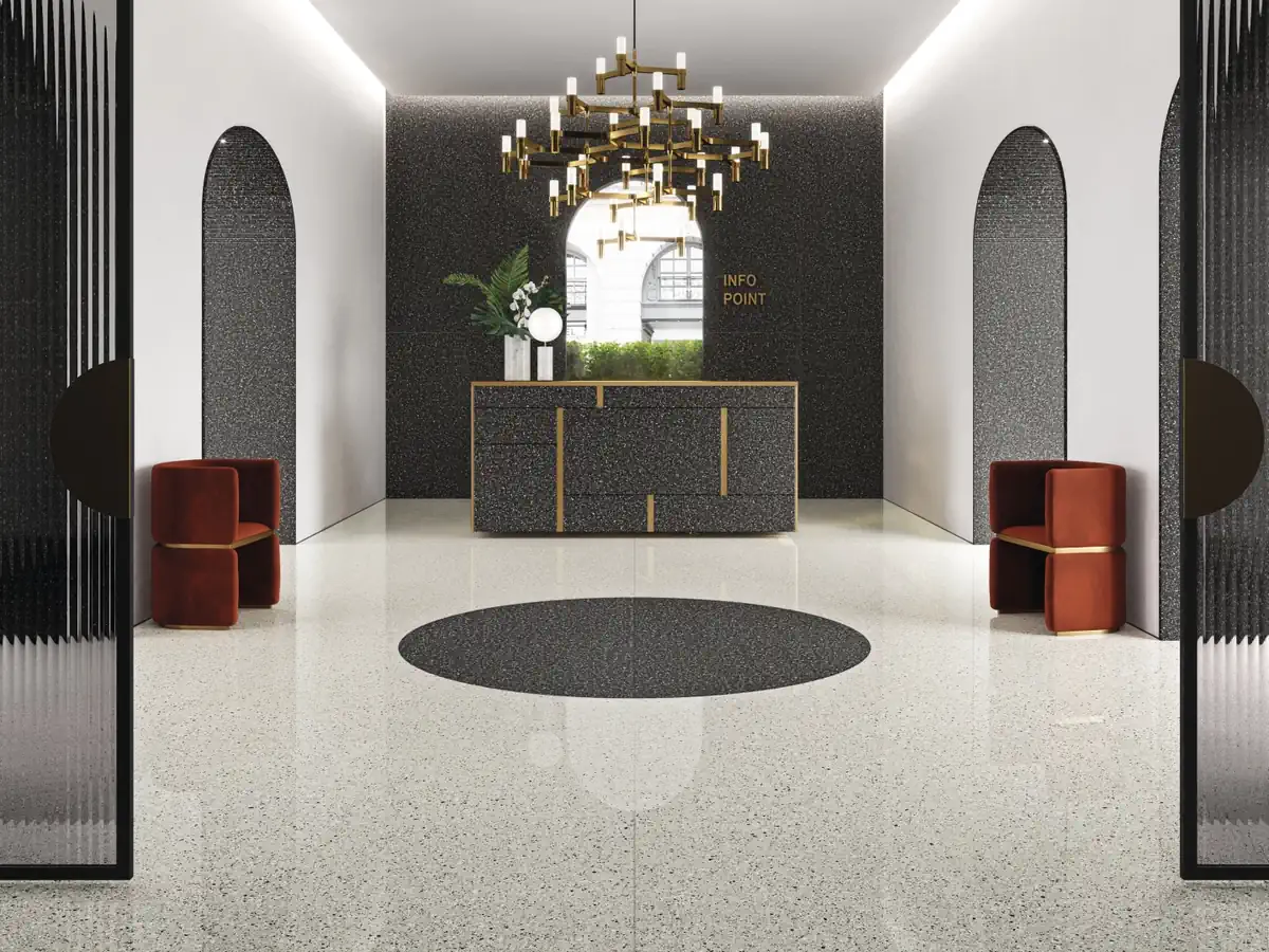 Gres Ariostea ACCADEMIA efekt terrazzo - aranzacja w strefie dziennej z duzymi przeszkleniami