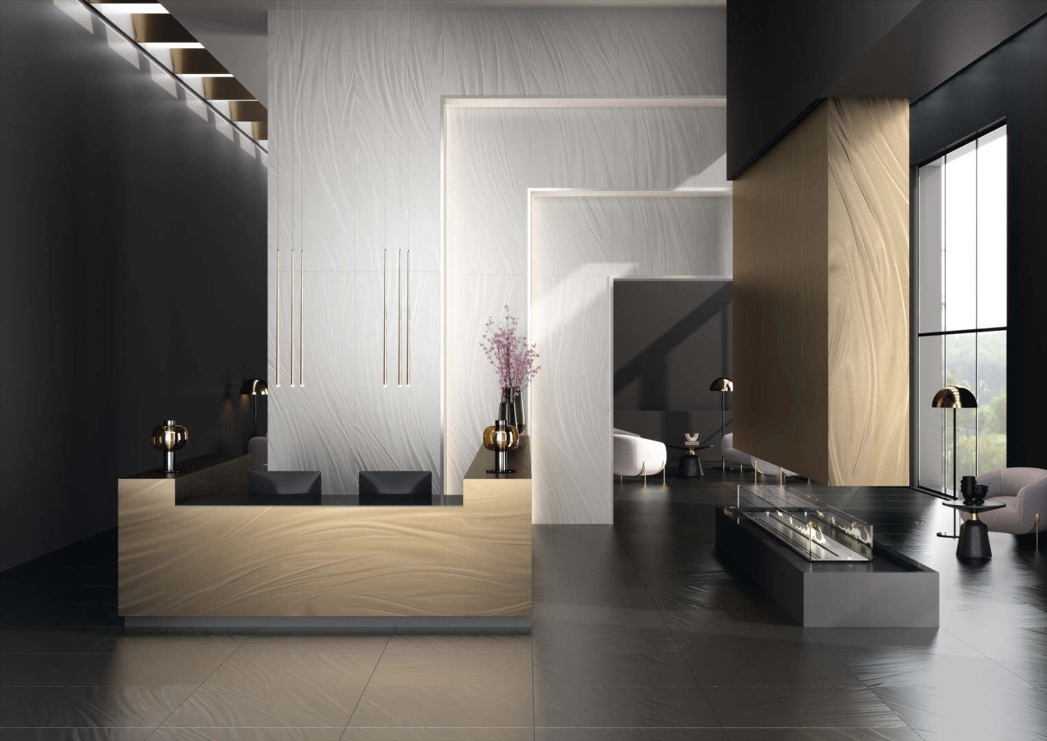 Gres ariostea LUCE efekt metal - aranzacja w korytarzu z naturalnym swiatlem