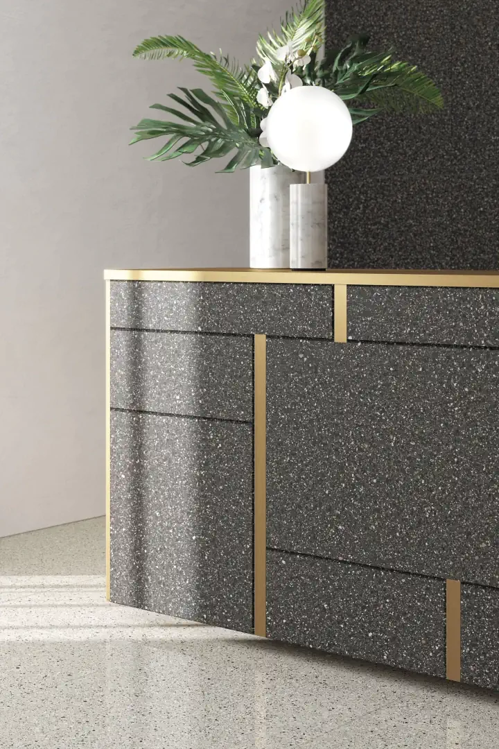 Gres Ariostea ACCADEMIA efekt terrazzo - aranzacja w przy kominku