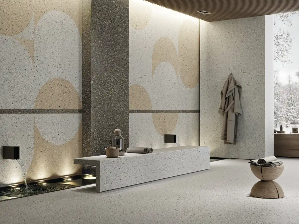 Gres Ariostea ACCADEMIA efekt terrazzo - aranzacja w nowoczesnym salonie