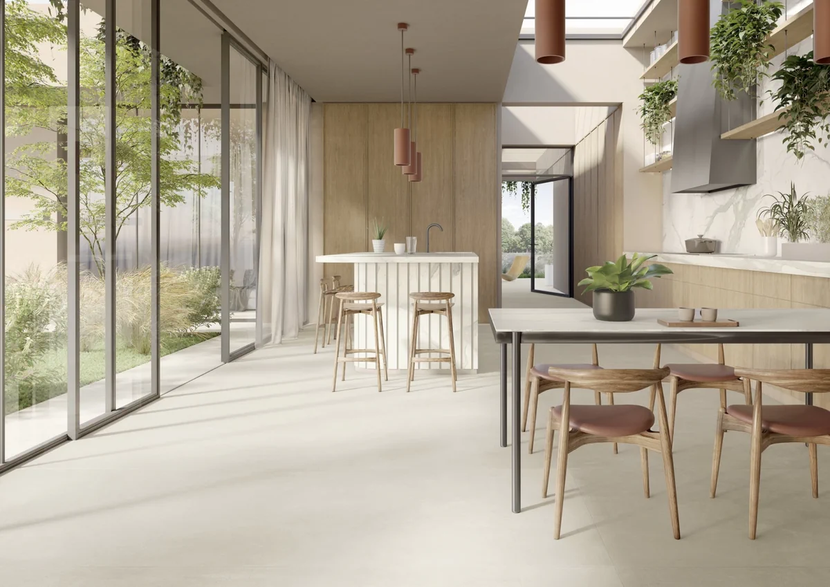 Gres Ariostea URBAN ACTIVE efekt beton - aranzacja w przestronnym holu