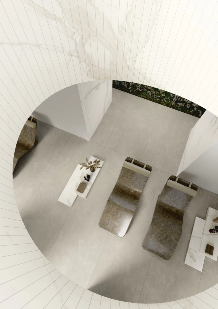 Gres Ariostea MARBLE ACTIVE efekt marmur - aranzacja w strefie dziennej z duzymi przeszkleniami