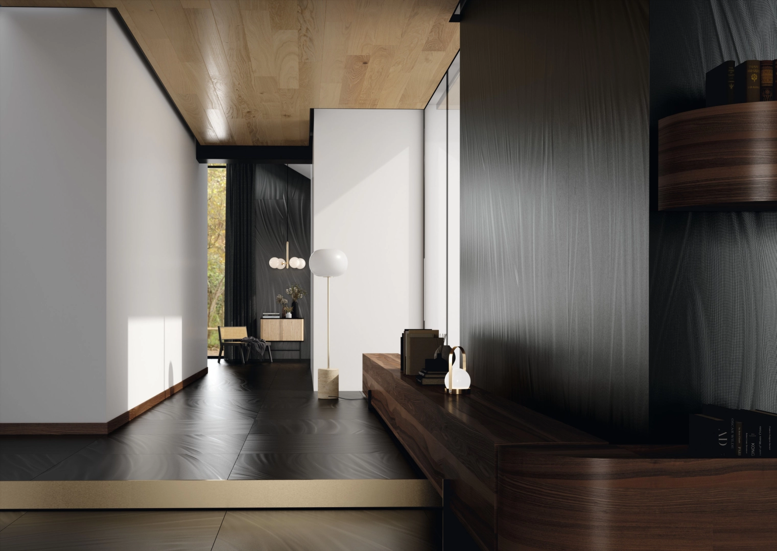 Gres ariostea LUCE efekt metal - aranzacja w korytarzu z naturalnym swiatlem