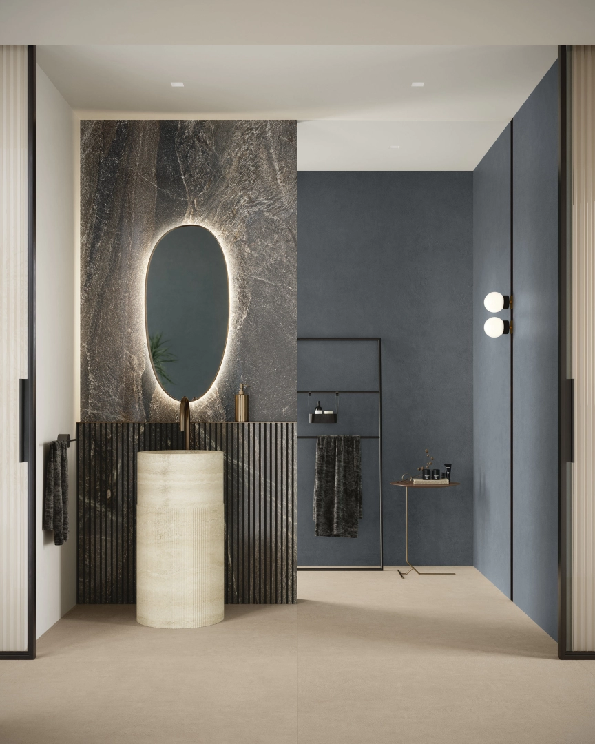 Gres Ariostea BALANCE efekt beton - aranzacja w minimalistycznym wnetrzu
