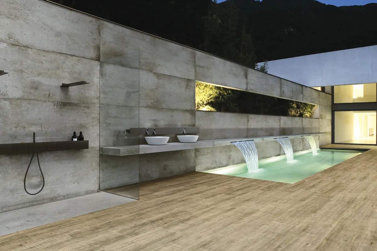 Gres Ariostea LEGNI HIGH-TECH efekt drewno - aranzacja w eleganckiej lazience