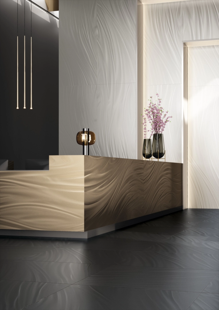 Gres ariostea LUCE efekt metal - aranzacja w minimalistycznym wnetrzu