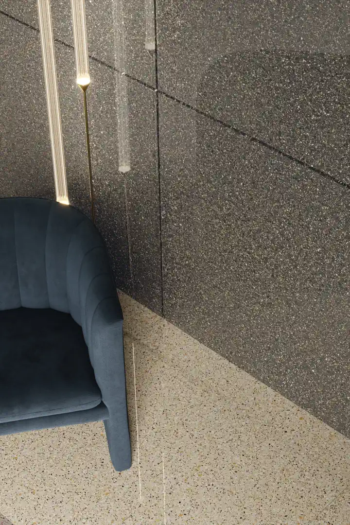 Gres Ariostea ACCADEMIA efekt terrazzo - aranzacja w minimalistycznym wnetrzu