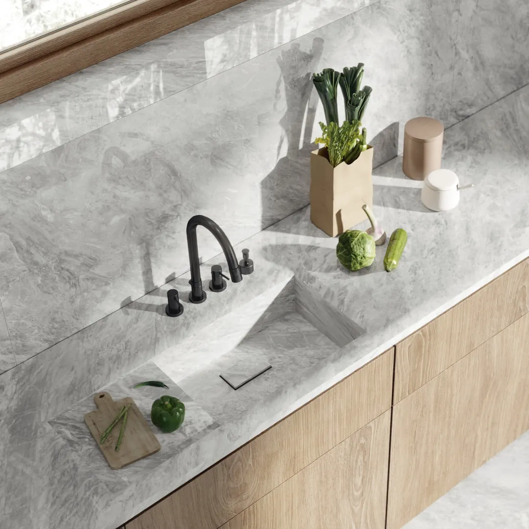 Gres Ariostea ULTRA MARMI efekt marmur - aranzacja w minimalistycznym wnetrzu