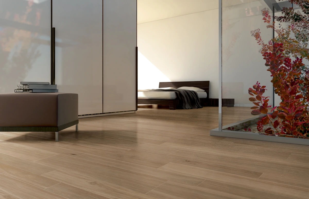 Gres Ariostea LEGNI HIGH-TECH efekt drewno - aranzacja w minimalistycznym wnetrzu