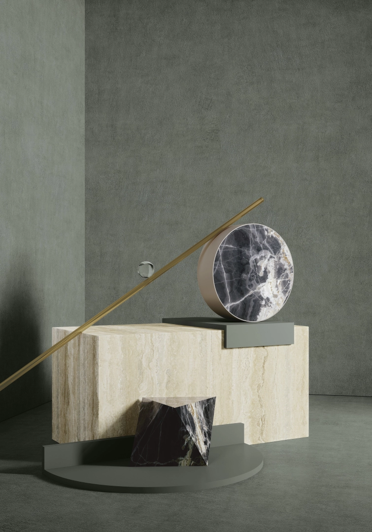 Gres Ariostea BALANCE efekt beton - aranzacja w przy kominku