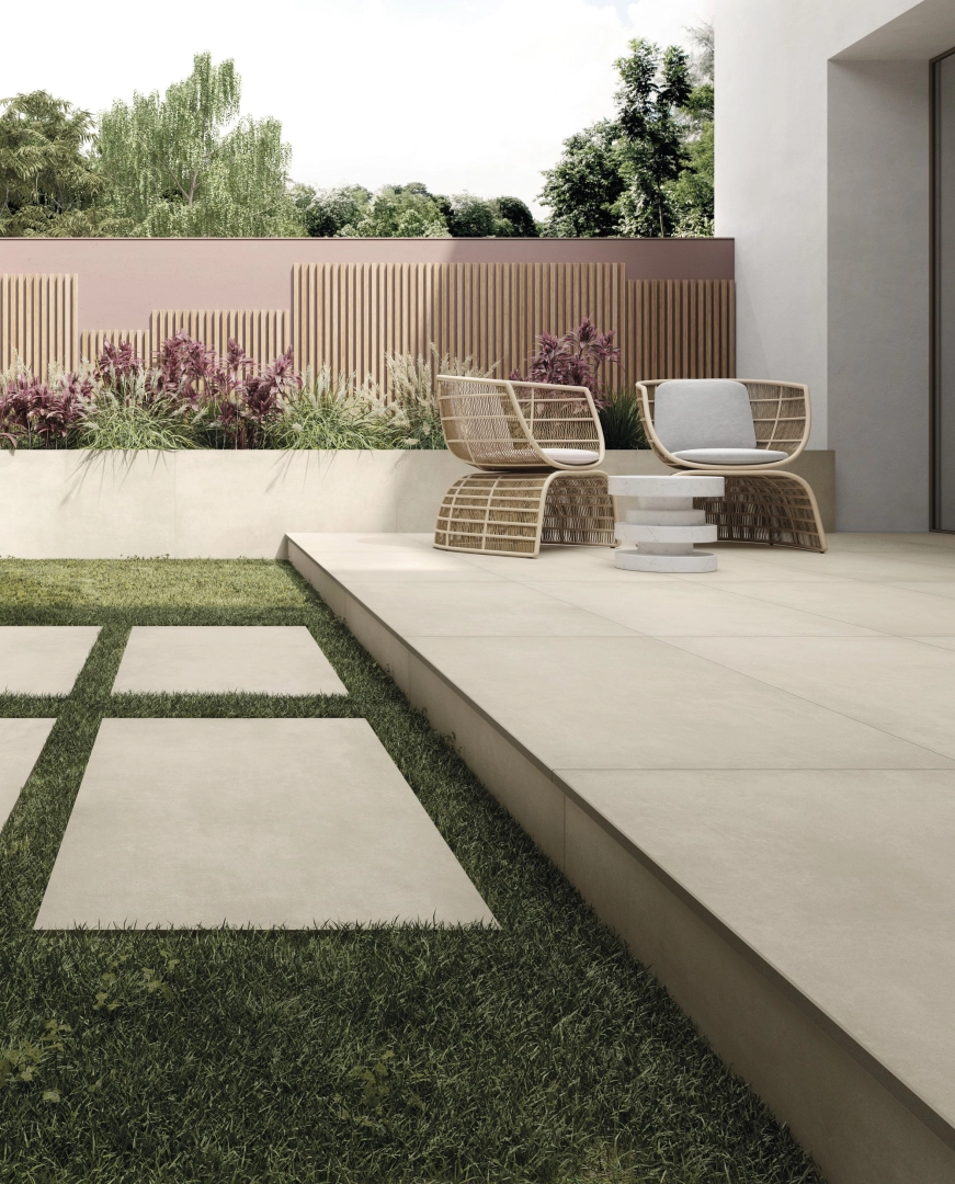 Gres Ariostea OUTDOOR efekt kamień - aranzacja w nowoczesnym salonie