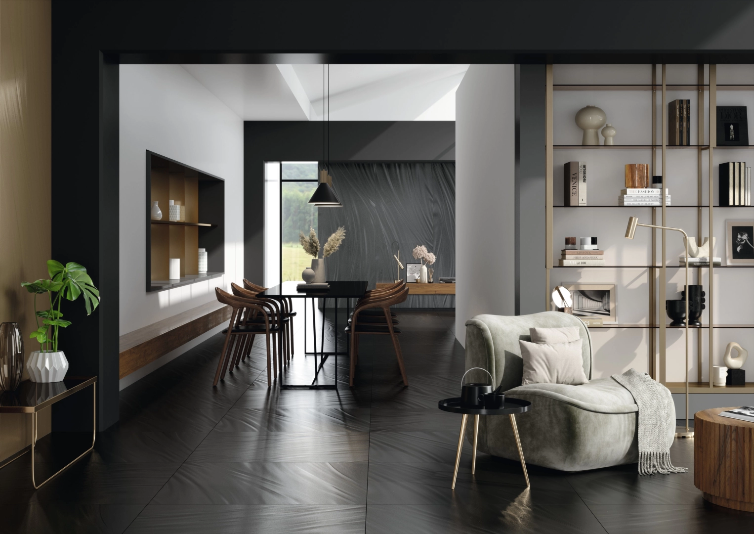 Gres ariostea LUCE efekt metal - aranzacja w korytarzu z naturalnym swiatlem
