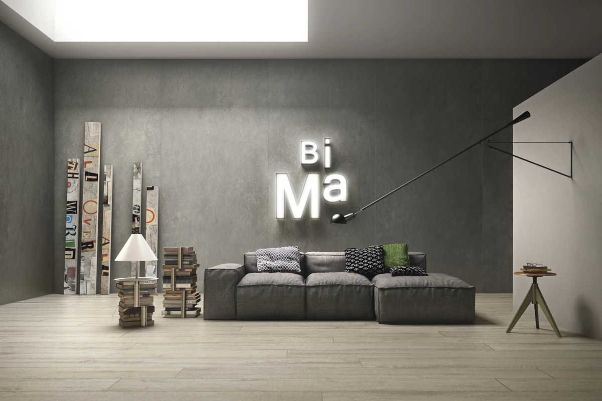 Gres Ariostea ULTRA ICEMENTI efekt beton - aranzacja w przestronnym holu