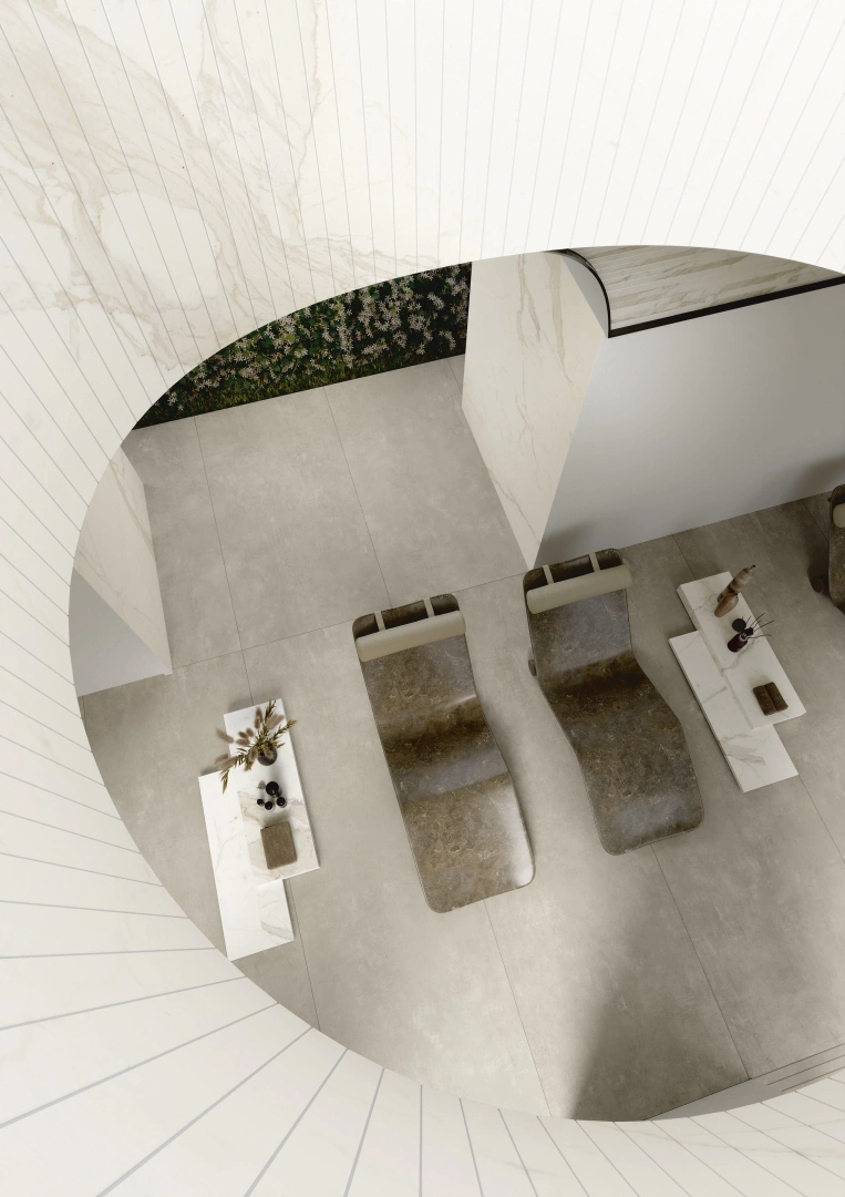 Gres Ariostea MARBLE ACTIVE efekt marmur - aranzacja w minimalistycznym wnetrzu