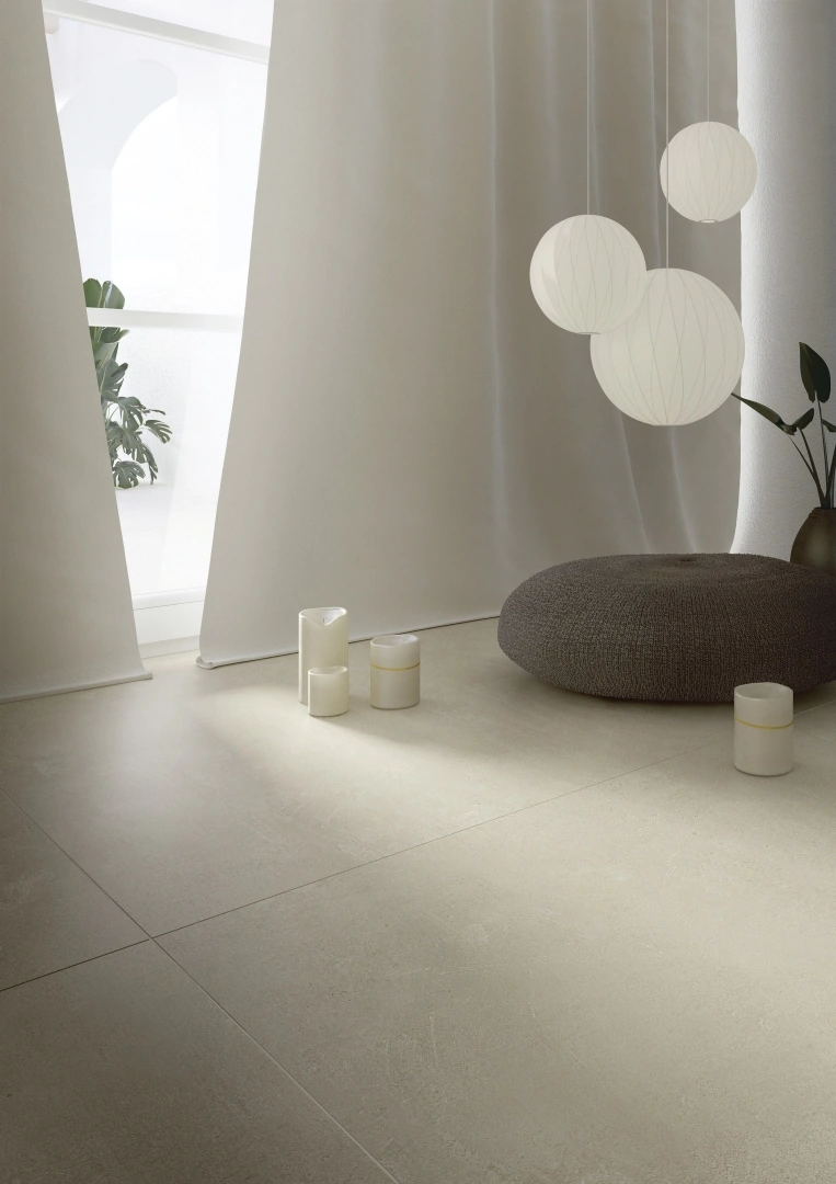 Gres Ariostea URBAN ACTIVE efekt beton - aranzacja w przy kominku