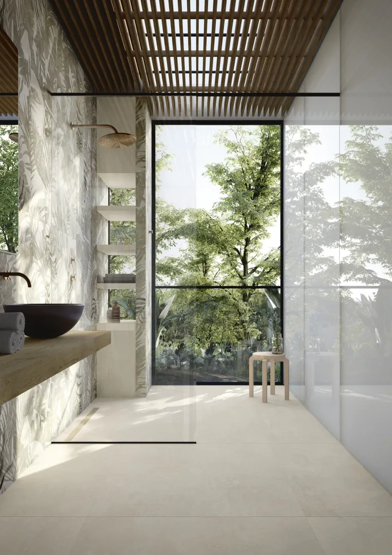 Gres Ariostea URBAN ACTIVE efekt beton - aranzacja w przestronnym holu