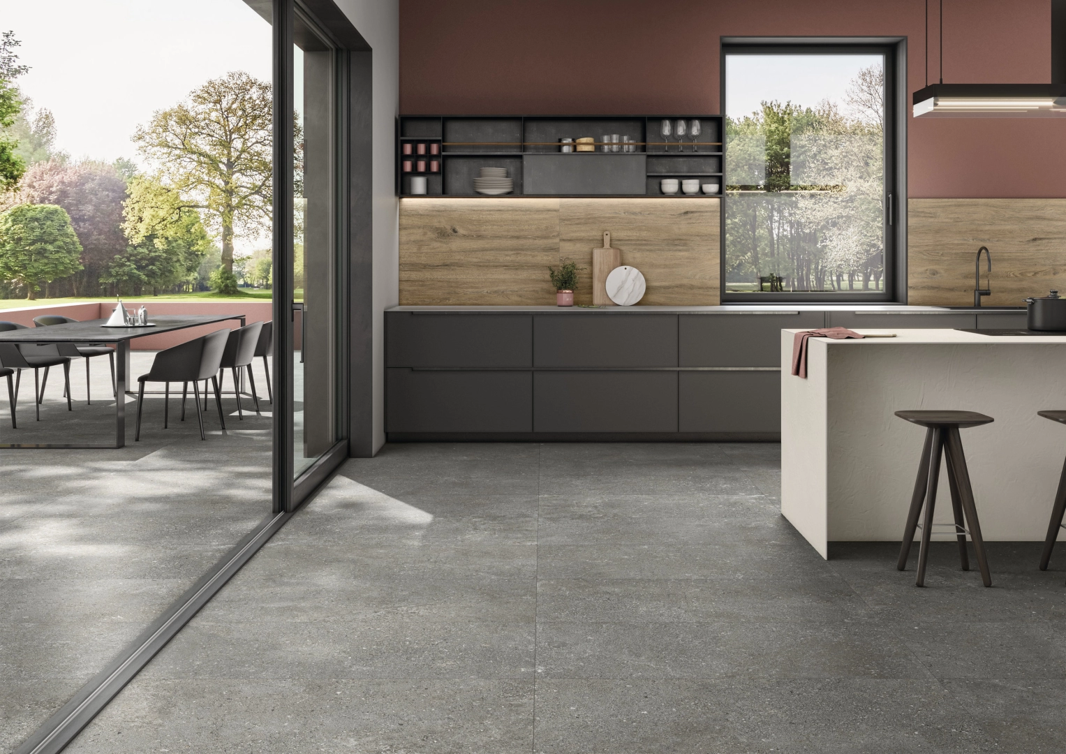 Gres Ariostea OUTDOOR efekt kamień - aranzacja w nowoczesnym salonie