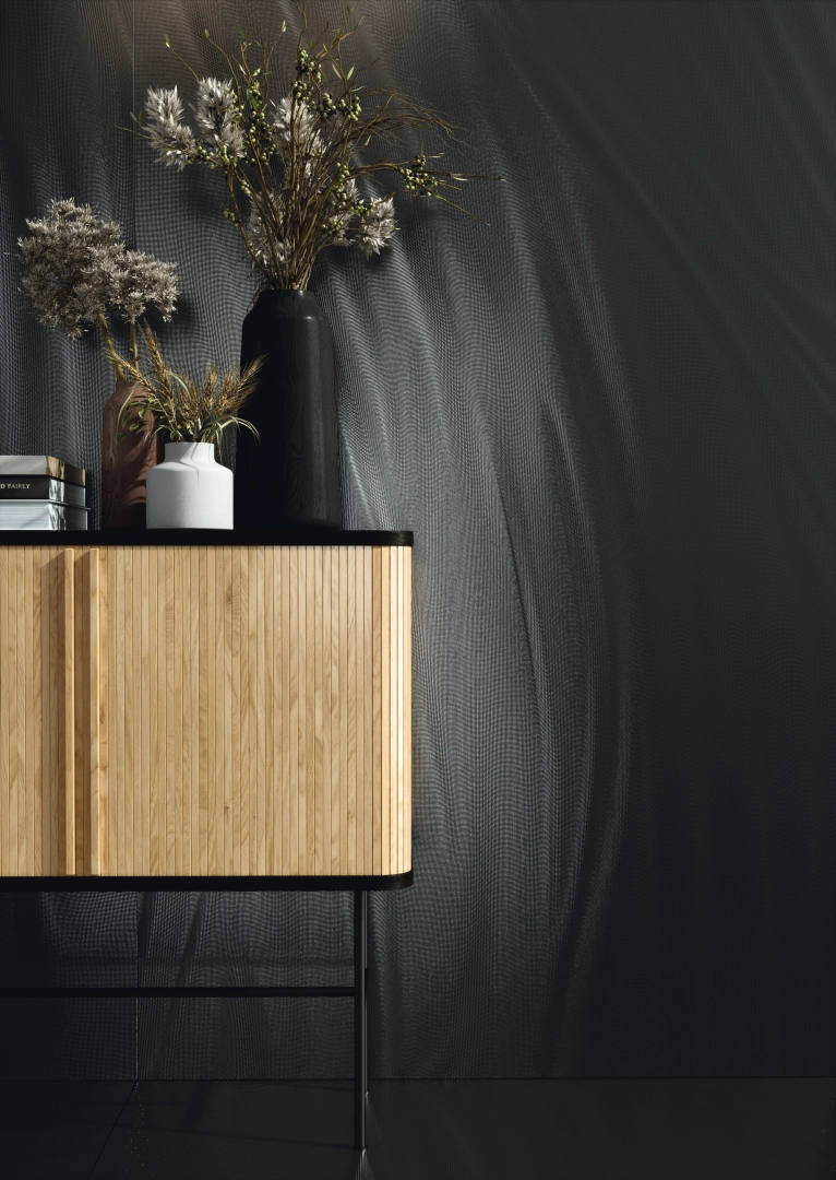 Gres ariostea LUCE efekt metal - aranzacja w przy kominku