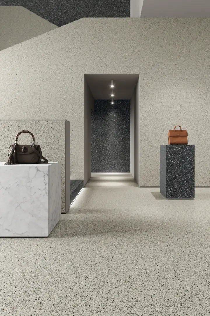 Gres Ariostea ACCADEMIA efekt terrazzo - aranzacja w eleganckiej lazience
