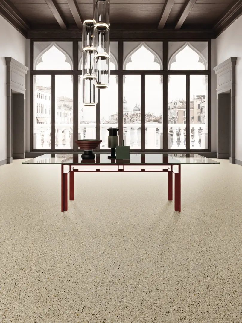Gres Ariostea ACCADEMIA efekt terrazzo - aranzacja w przy kominku