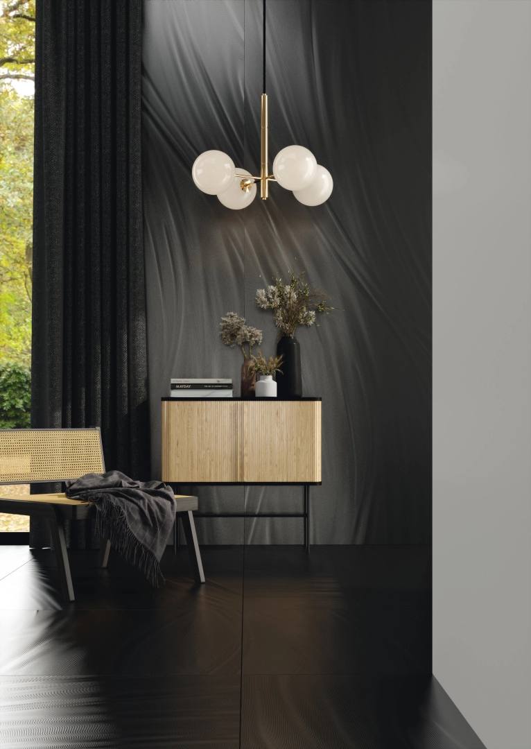Gres ariostea LUCE efekt metal - aranzacja w minimalistycznym wnetrzu