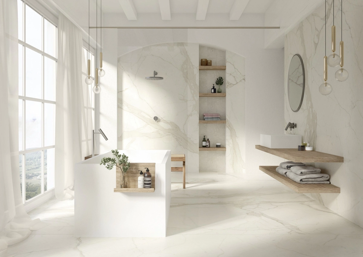 Gres Ariostea MARBLE ACTIVE efekt marmur - aranzacja w nowoczesnym salonie
