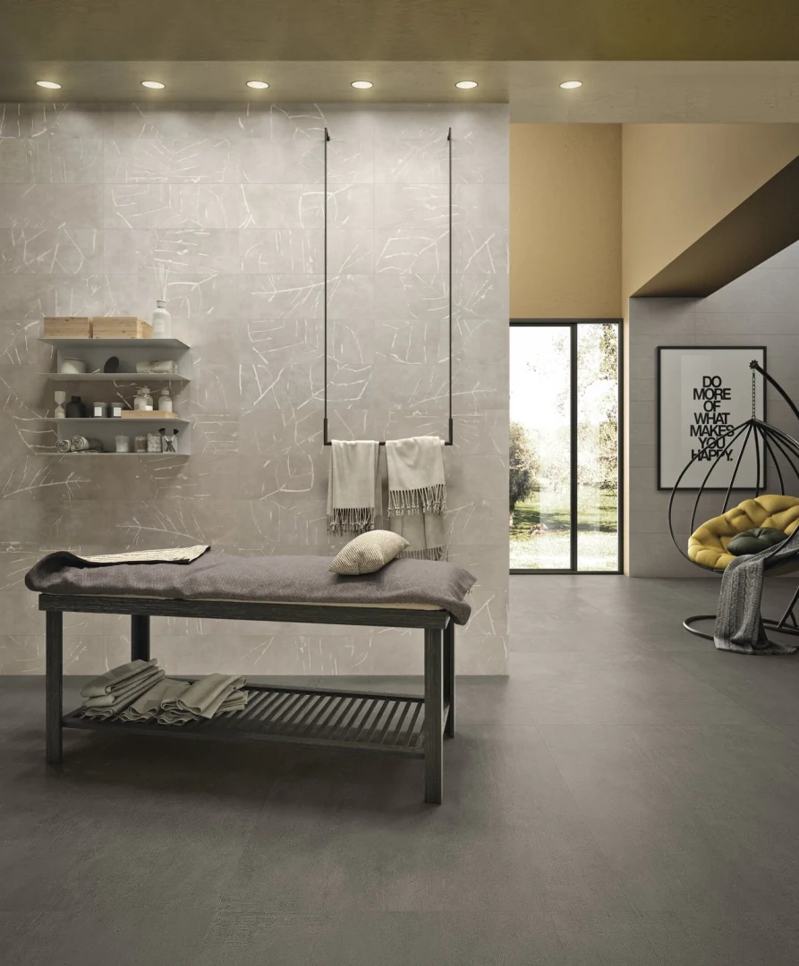 Gres Ariostea URBAN ACTIVE efekt beton - aranzacja w przestronnym holu