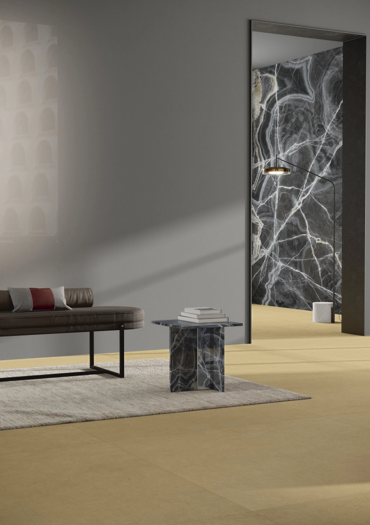 Gres Ariostea BALANCE efekt beton - aranzacja w nowoczesnym salonie