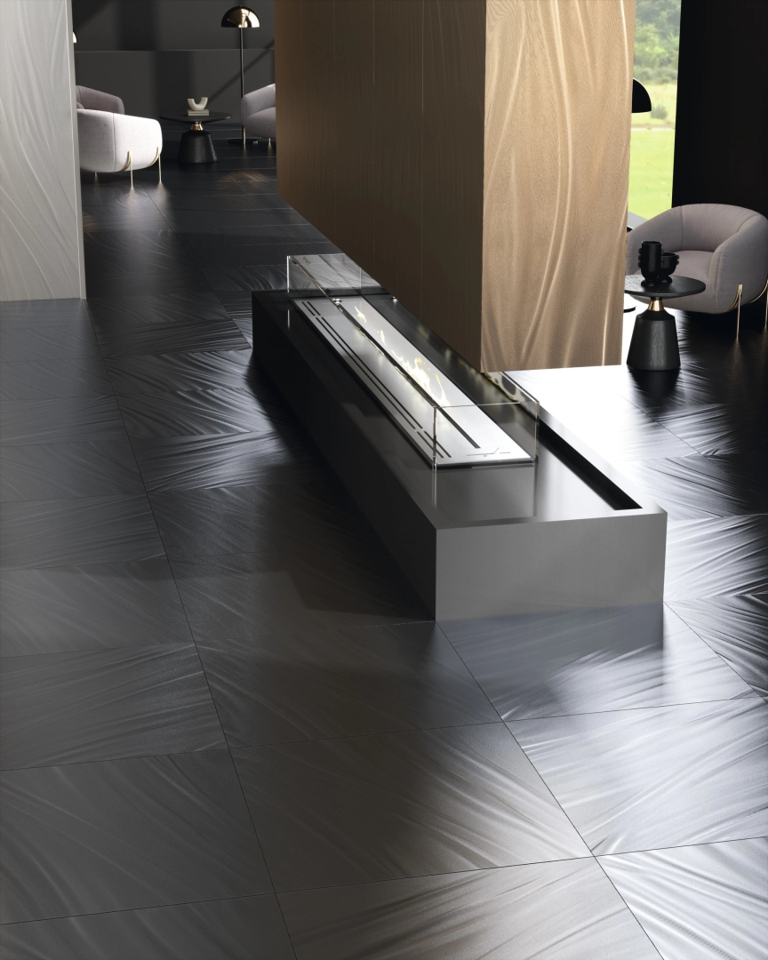 Gres ariostea LUCE efekt metal - aranzacja w przy kominku