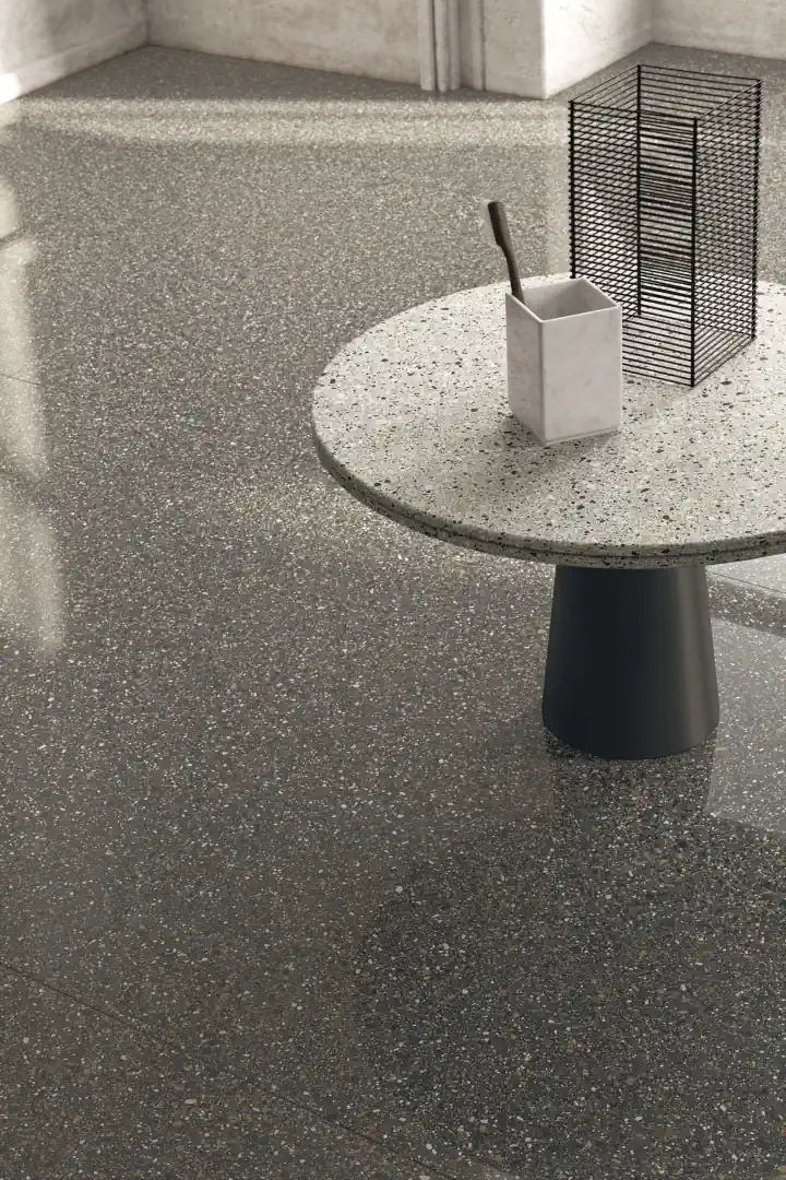 Gres Ariostea ACCADEMIA efekt terrazzo - aranzacja w przestronnym holu